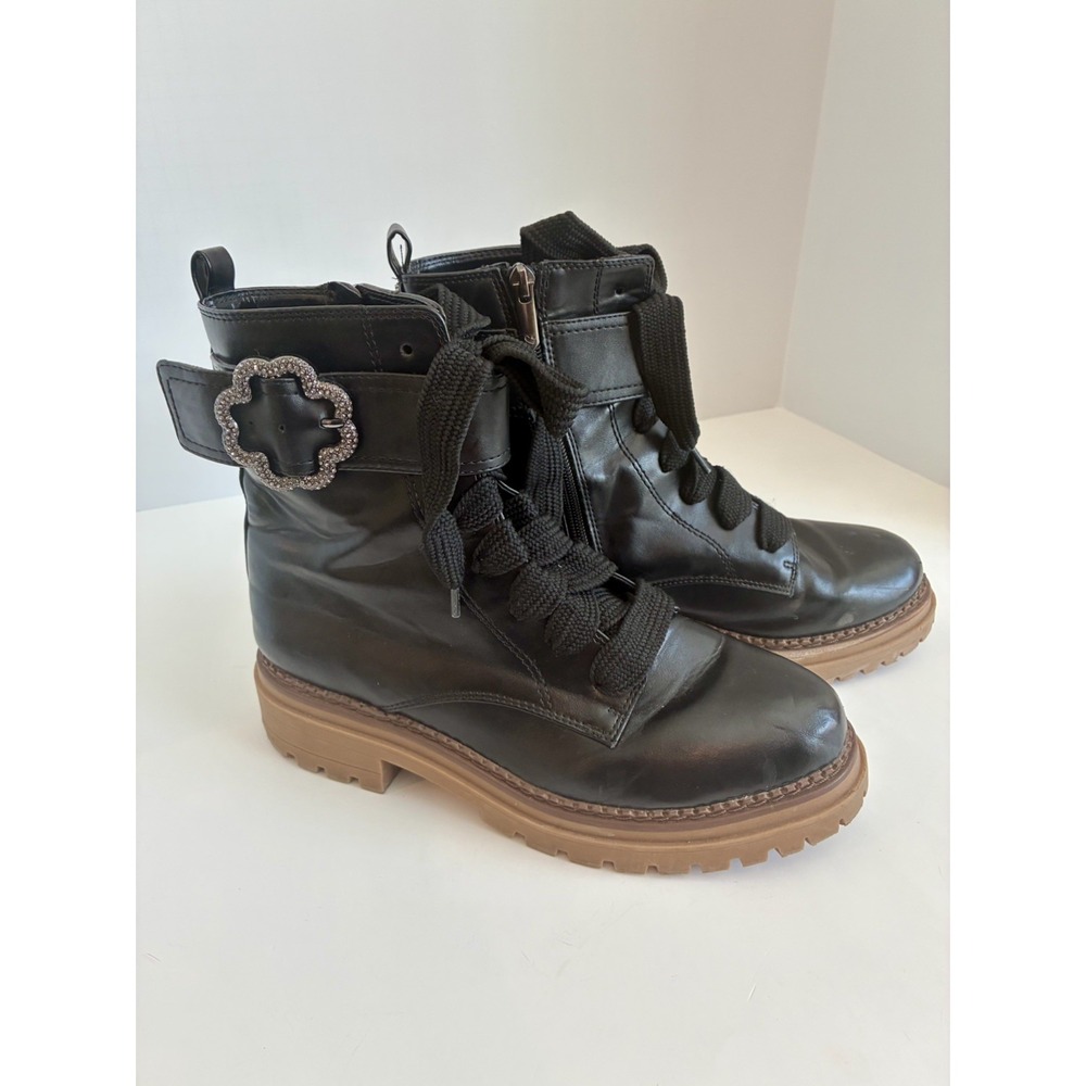 SAM & LIBBY Black Faux Leather Combat Boots Buckle Zipper Women's Size 9